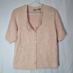 Vintage Red Camel Pink Knit Cardigan Top Crochet Trim Cottagecore Size L‎